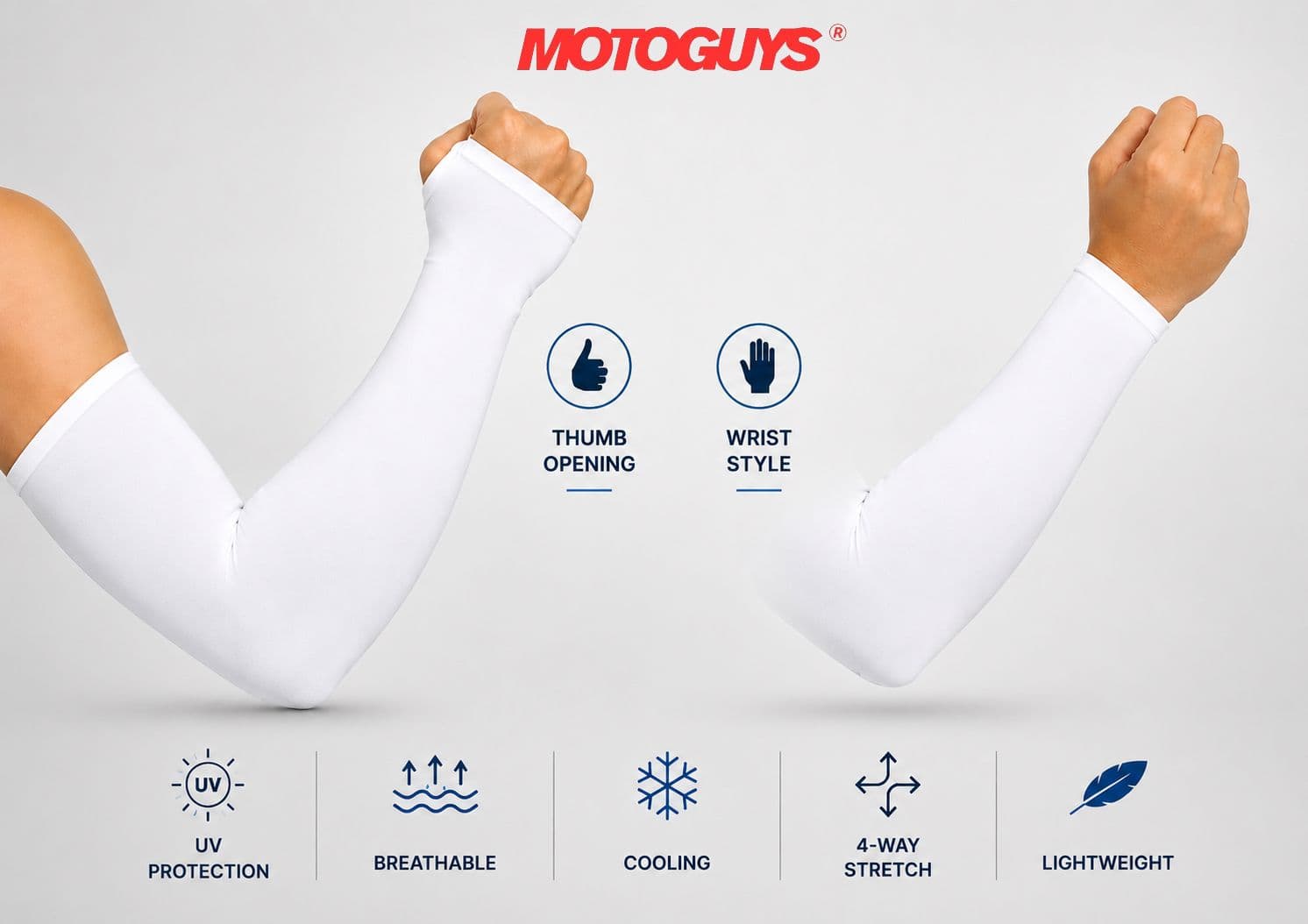MotoGuys Arm Sleeves White - Thumb Opening and Wrist Style